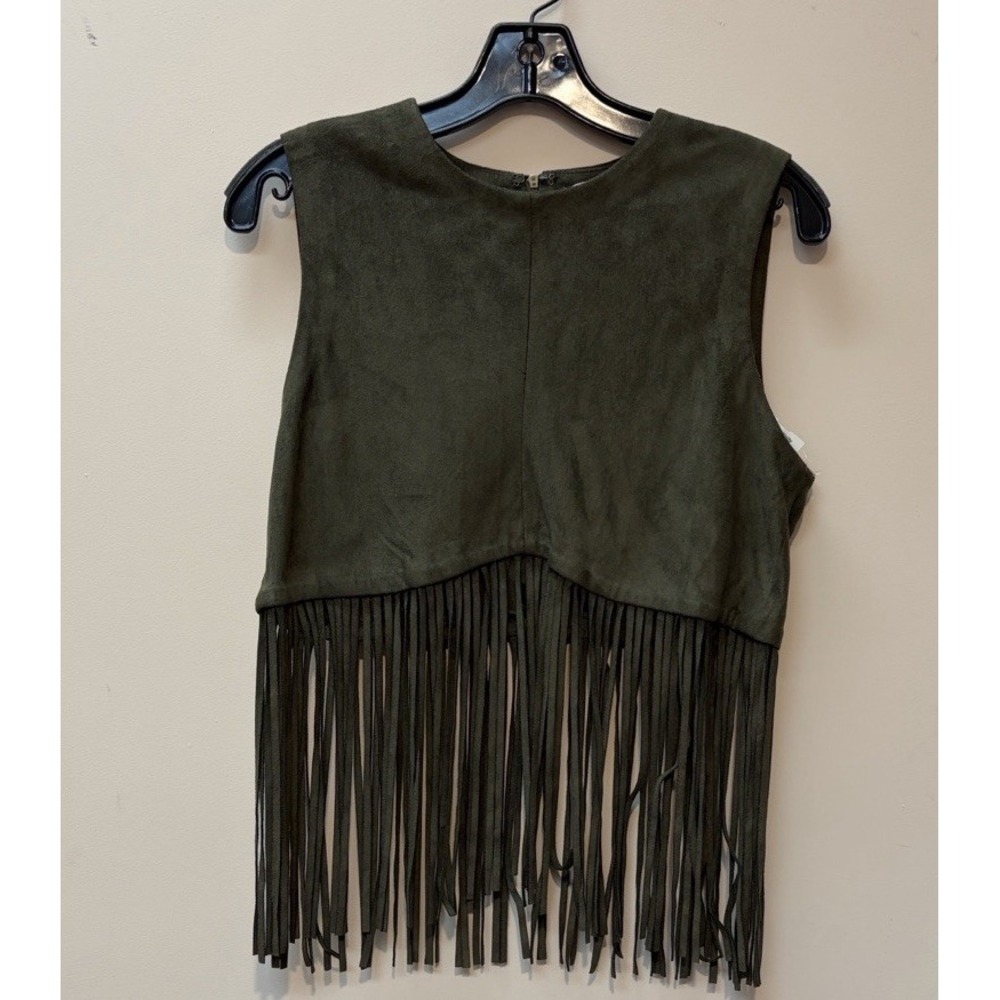 Lotus Fringe Sleeveless Vest Western Country Style Sz S Green Vintage zipper